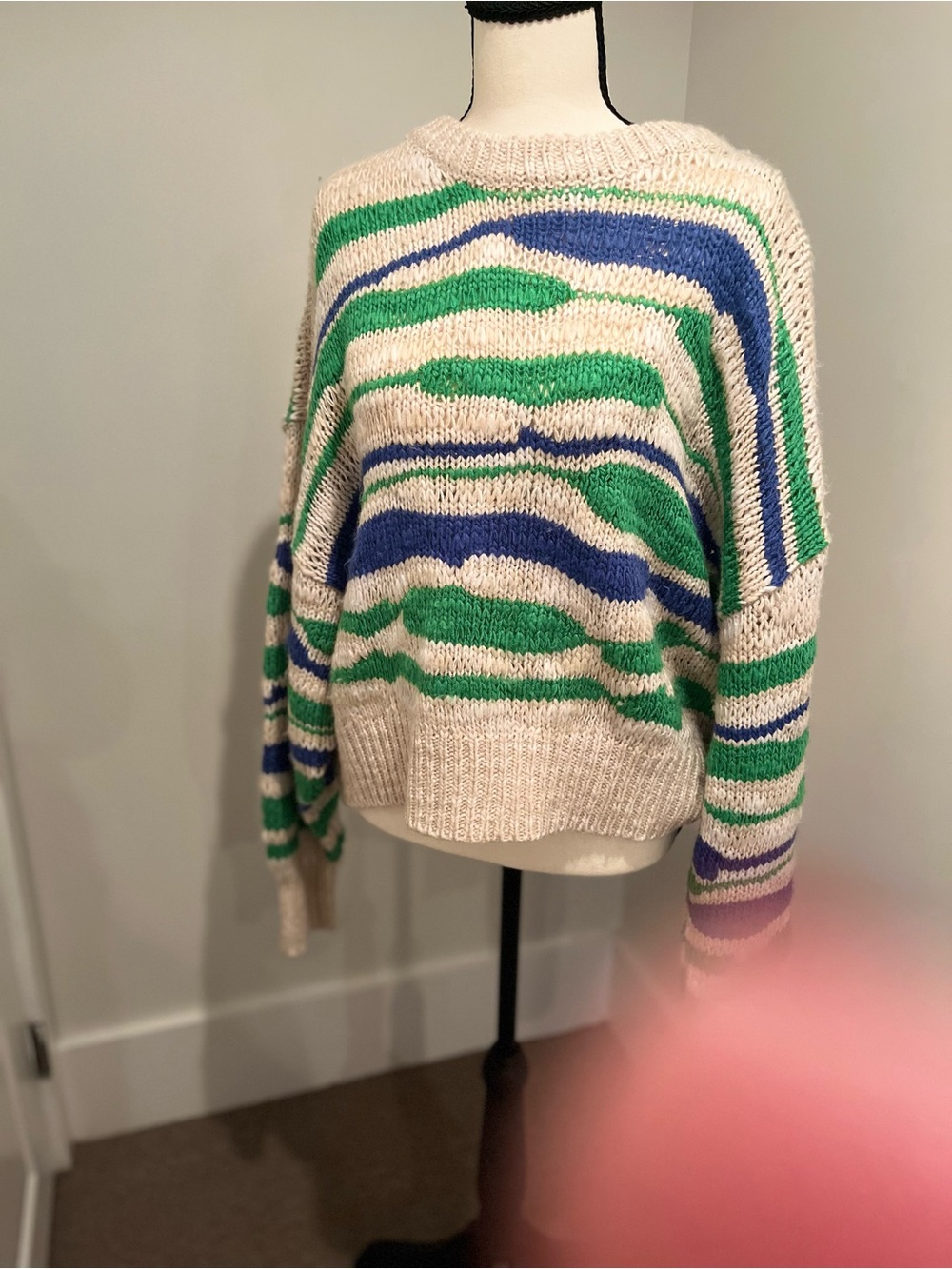 Aerie Cozy Striped Crewneck Sweater in Cream, Green & Blue
